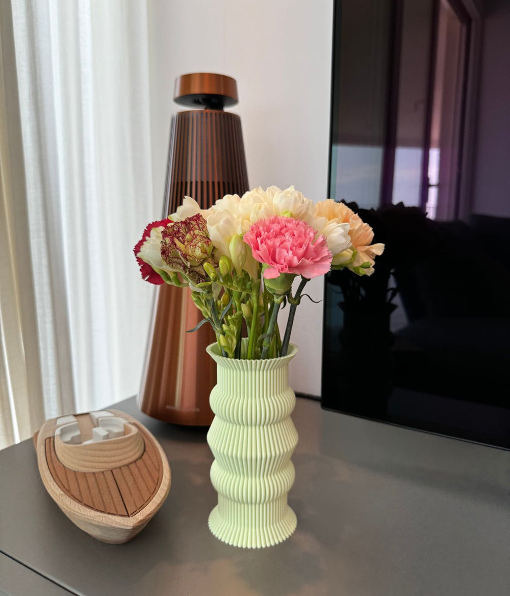 Vaso verde di Studio Maracuja con fiori freschi, posizionato su un mobile vicino a una TV e un modellino di barca in legno.