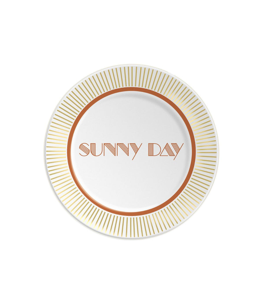 Piatto in porcella bianca decorato con raggi dorati e scritta centrale arancione Sunny Day