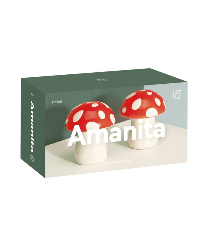 Confezione del set di saliera e pepiera a forma di funghi decorativi rossi a pois bianchi, con la scritta "Amanita" sulla scatola verde.