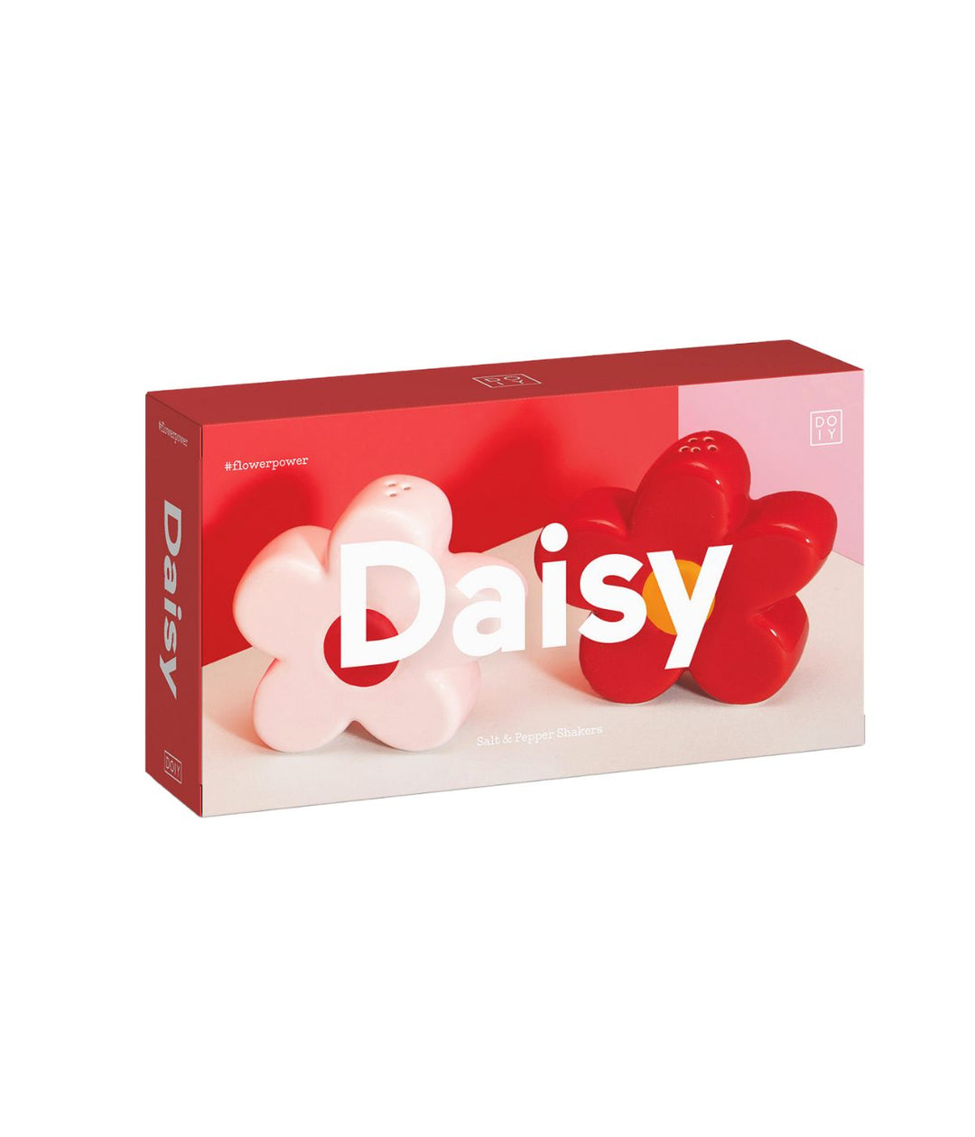 La confezione del set di spargisale e spargipepe a forma di fiore "Daisy" con uno spargipepe rosso e uno bianco, mostrati su una scatola con sfondo rosso e rosa.