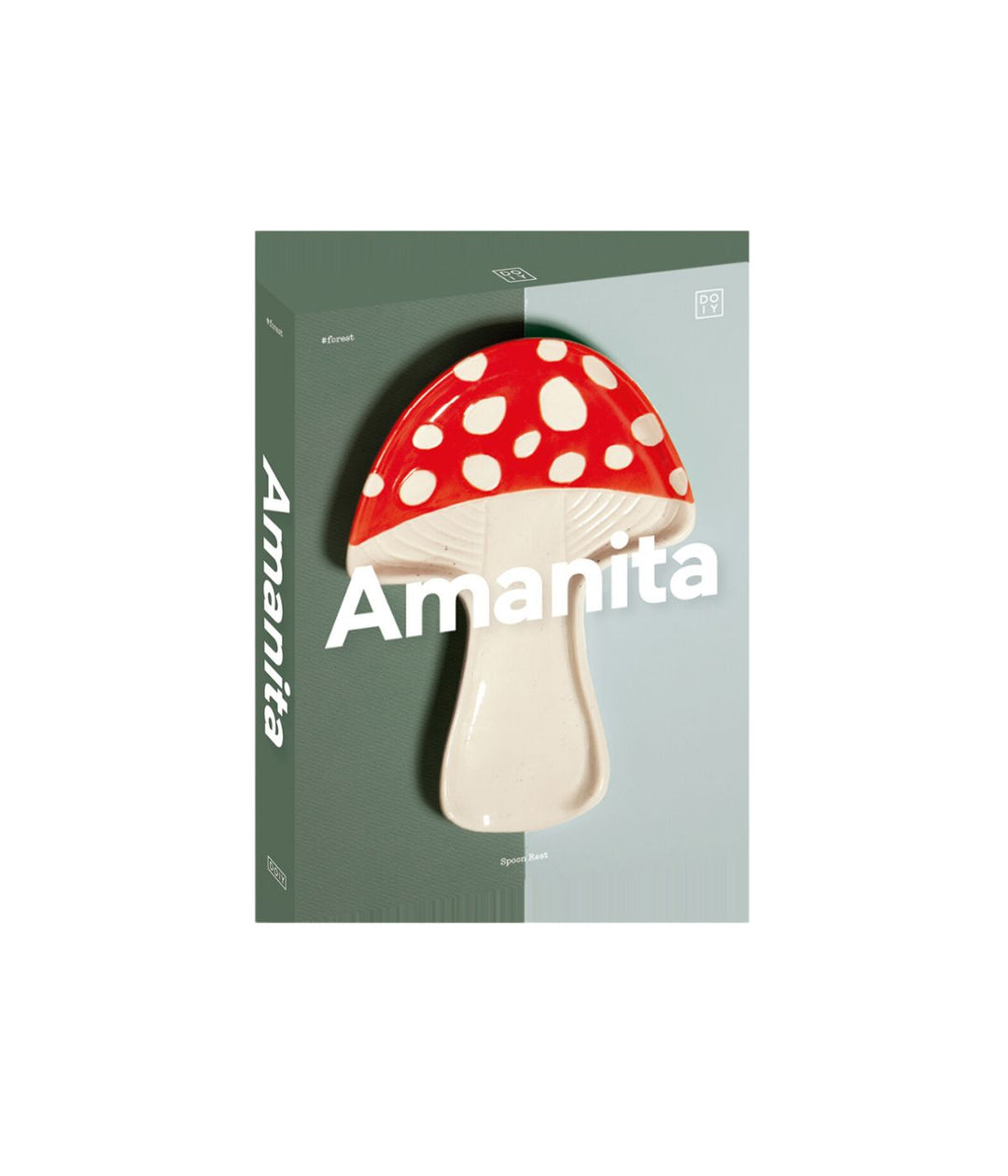 La confezione del portacucchiaio "Amanita", con l'immagine del portacucchiaio a forma di fungo rosso a pois bianchi su una scatola verde e azzurra con la scritta "Amanita".