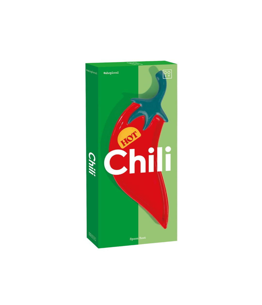 Confezione del poggiamestolo Hot Chili, che mostra l'immagine del poggiamestolo a forma di peperoncino rosso con dettagli verdi, etichettato con la scritta "HOT", su uno sfondo verde.