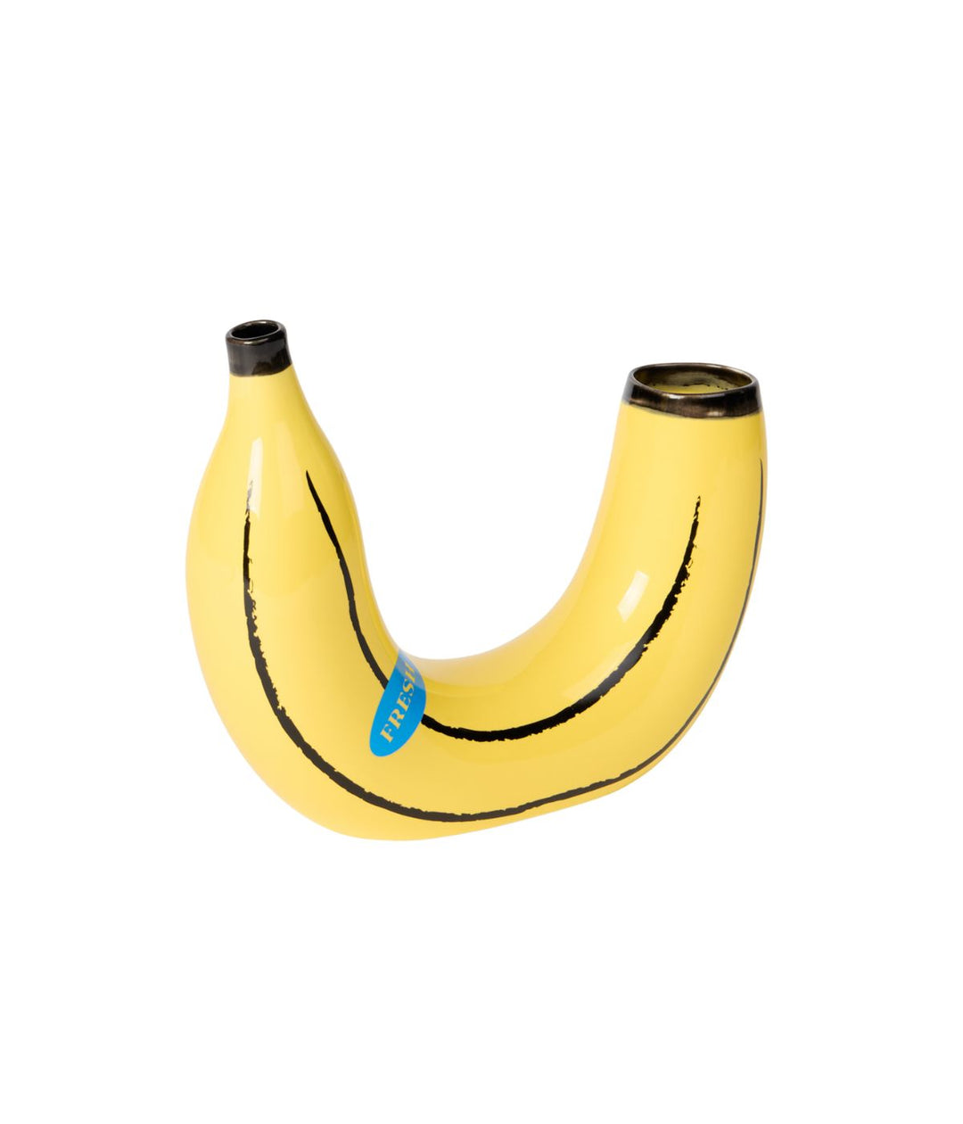 Vaso a forma di banana gialla senza fiori, su sfondo bianco.