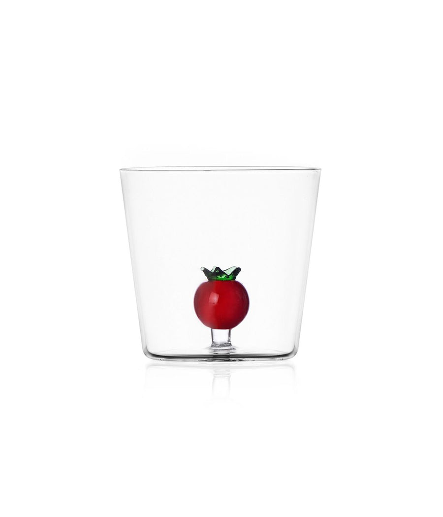 Bicchiere Vegetables di Ichendorf con motivo di pomodoro rosso, realizzato in vetro borosilicato.