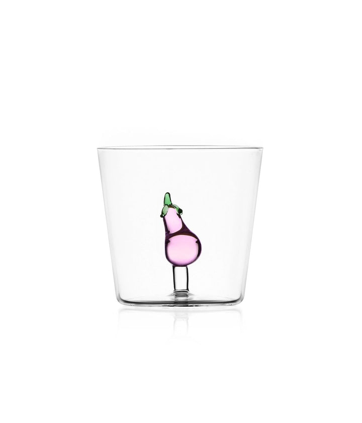 Bicchiere Vegetables di Ichendorf con motivo di melanzana viola, realizzato in vetro borosilicato.