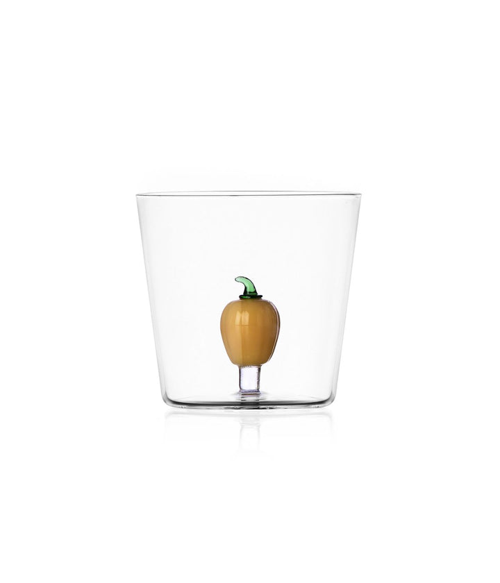 Bicchiere Vegetables di Ichendorf con motivo di peperone giallo, realizzato in vetro borosilicato.