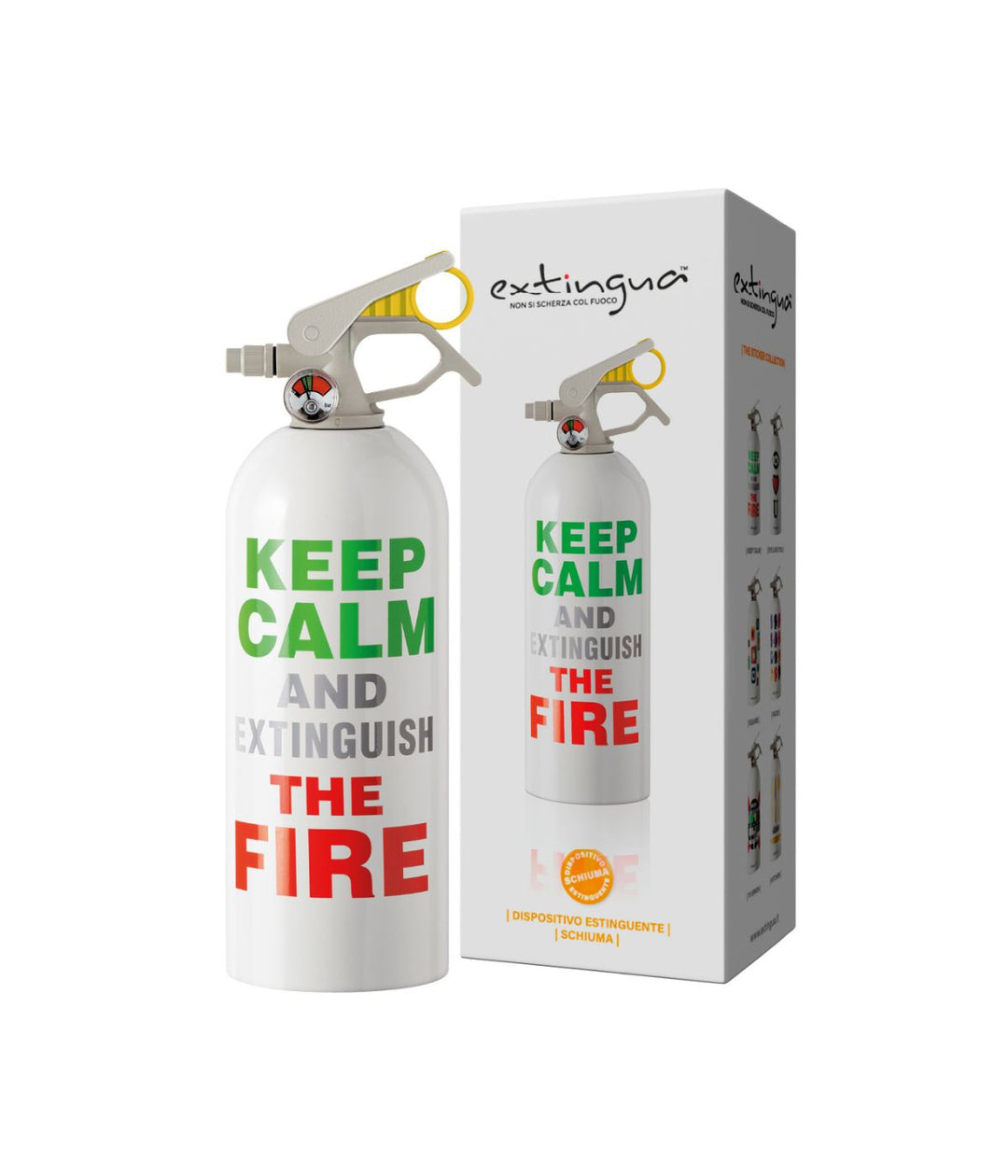 Estintore domestico a schiuma con grafica Keep calm and extinguish the fire accompagnato da scatola