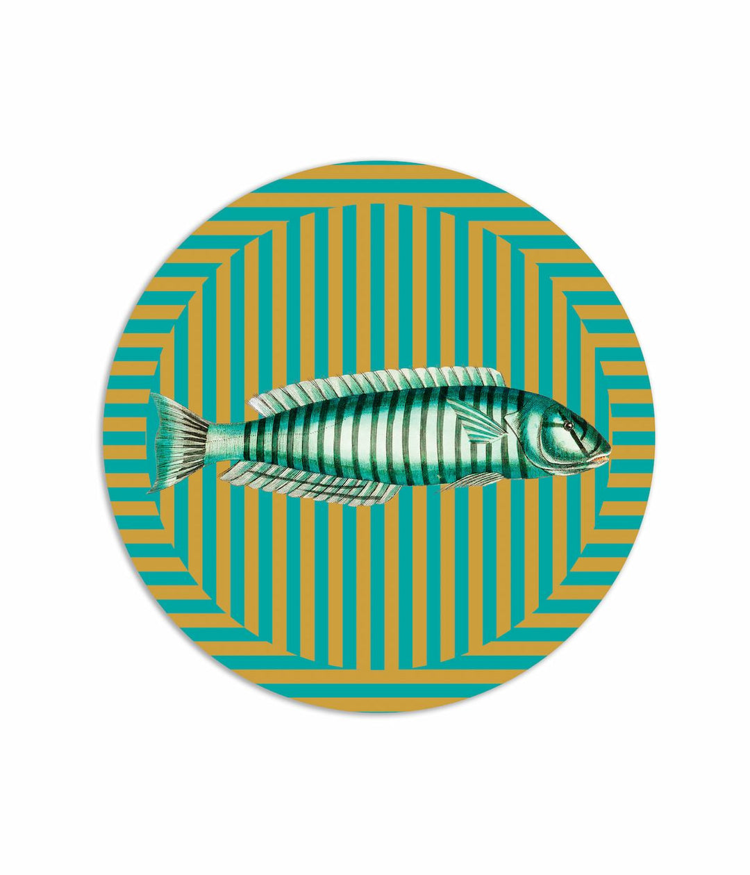 Tovaglietta americana rotonda con un'illustrazione di un pesce sottile verde su sfondo a righe verde e oro.