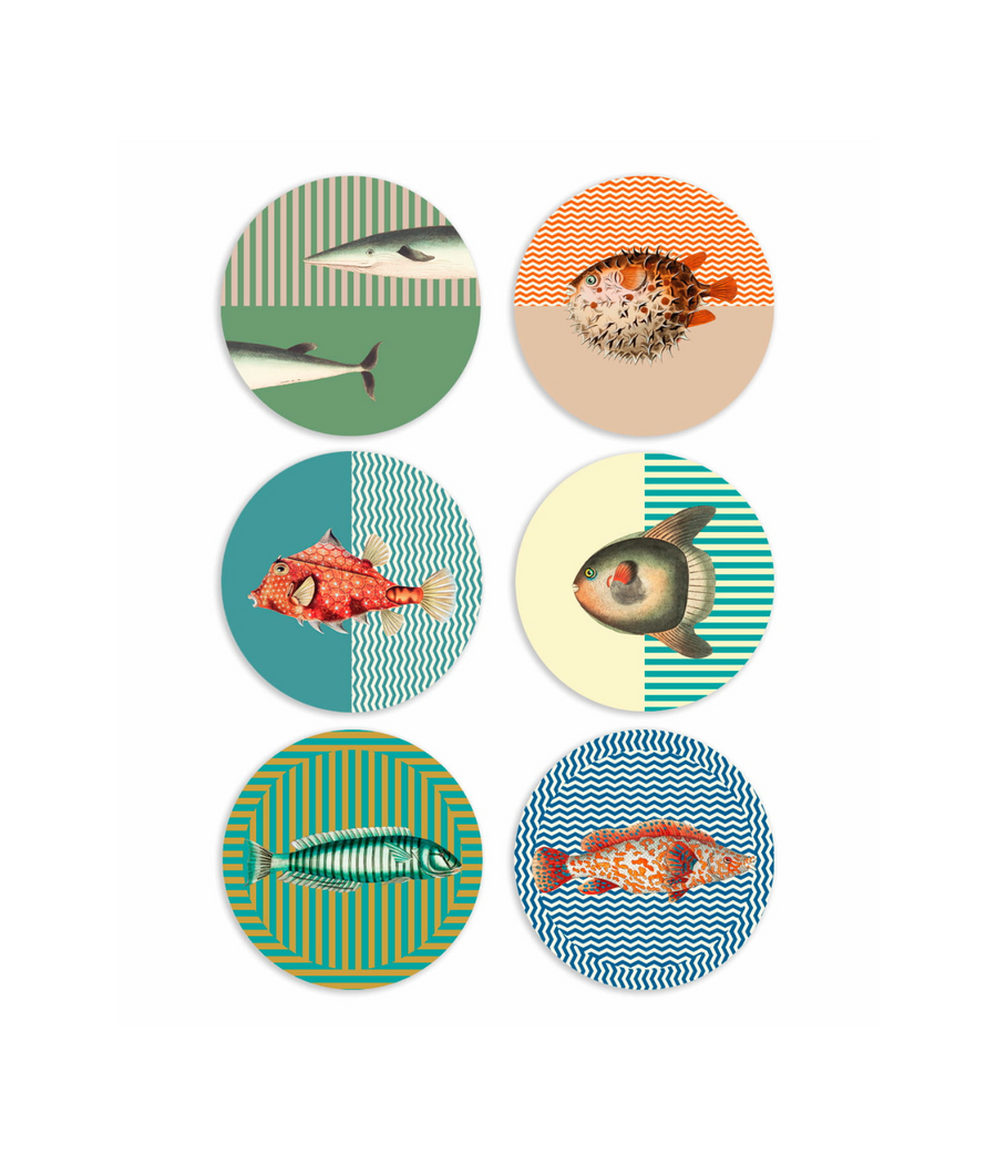 Sei tovagliette americane decorative rotonde con illustrazioni dettagliate di varie specie di pesci su sfondi colorati a righe e zigzag.