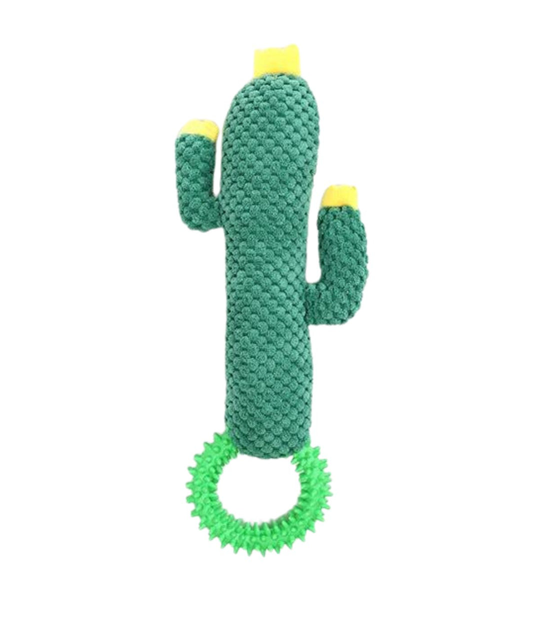 Giocattolo interattivo per cani a forma di cactus verde con anello, su sfondo bianco. 