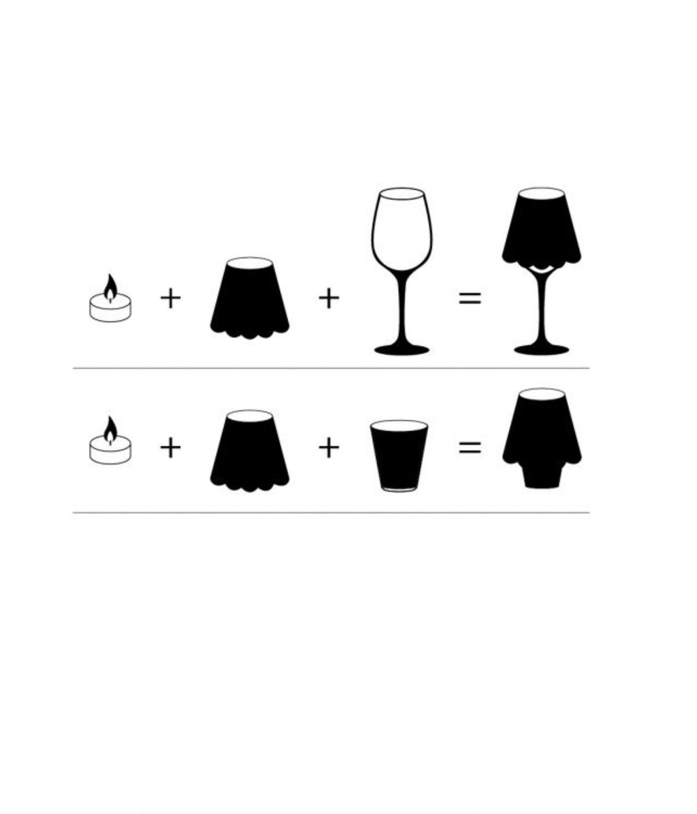 Schema illustrativo che mostra come trasformare un bicchiere o calice in una lampada da tavolo con un paralume e una candela tea light.