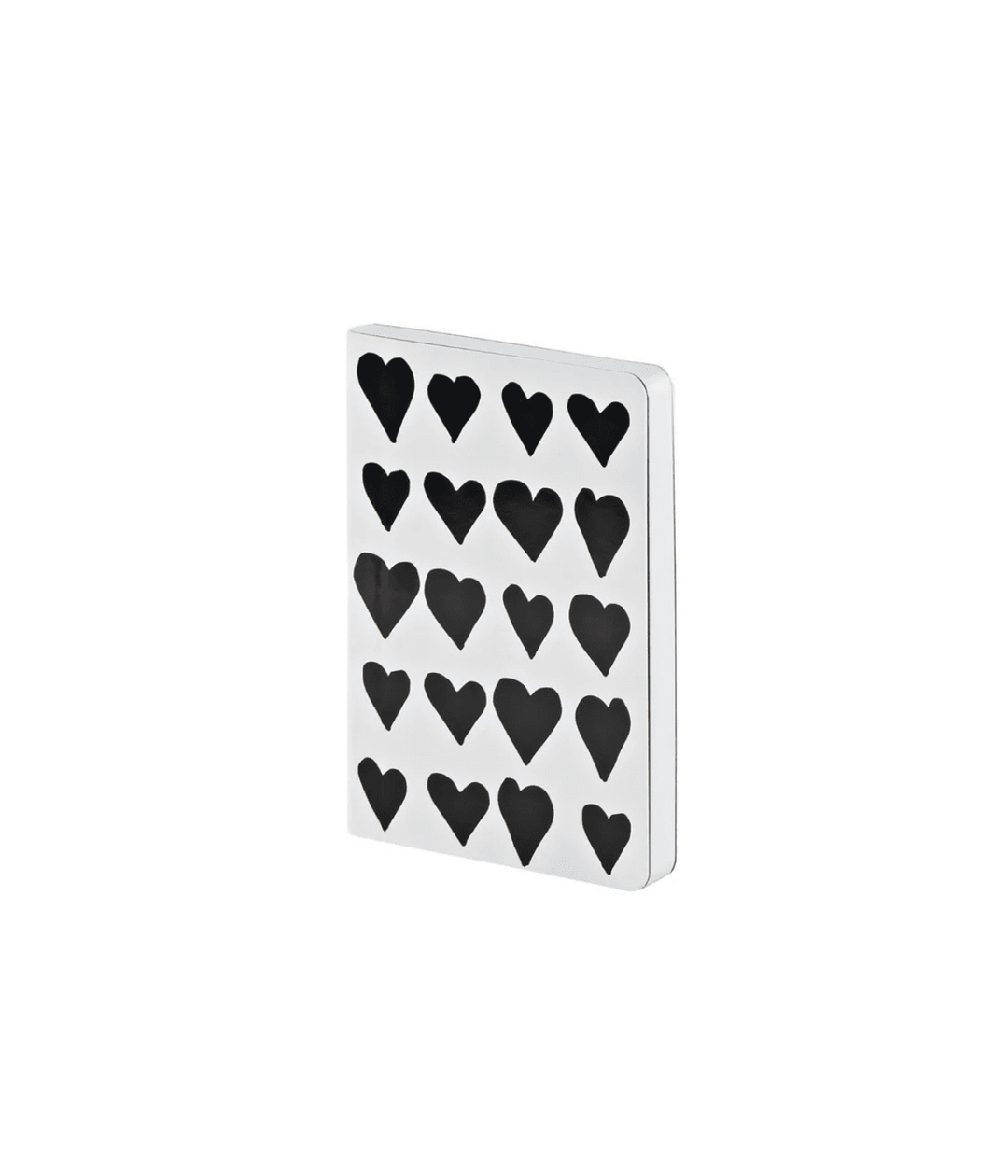 Notebook bianco con cuori neri. Immagine su sfondo bianco.