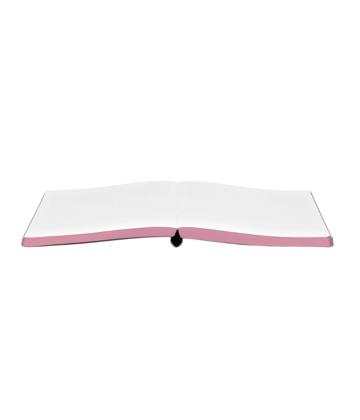 Notebook aperto a libro con bordo rosa. Immagine su sfondo bianco.