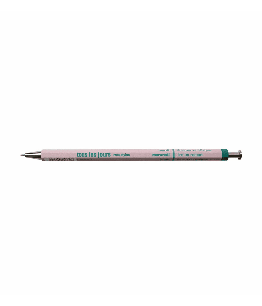 Penna di Design rosa con scritte color tiffany. Punta in metallo. Immagine su sfondo bianco.